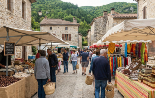 Marché ardéchois typique avec produits du terroir, paniers en osier et architecture en pierre de taille dans un village authentique d'Ardèche. Marché ardéchois typique avec produits du terroir, paniers en osier et architecture en pierre de taille dans un village authentique d'Ardèche.